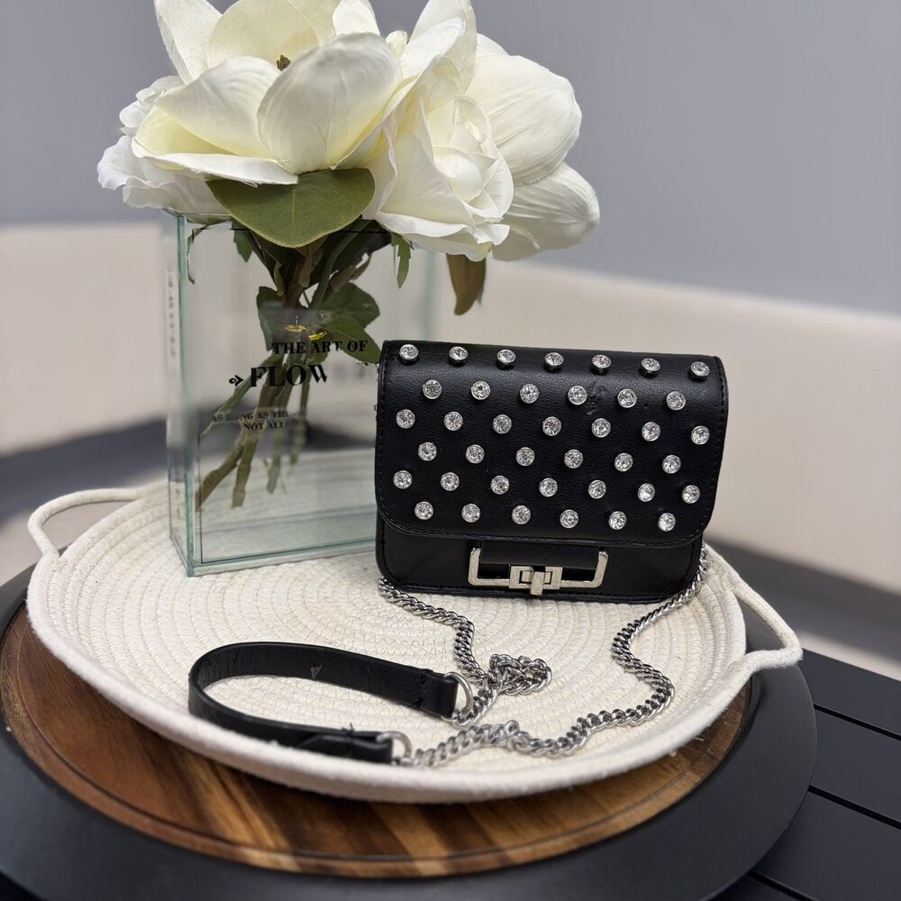 Zara TRF Black Faux Leather Rhinestone Crystal Studded Chain Crossbody Mini Bag